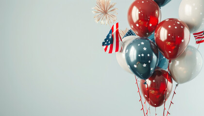 Patriotic Party Vibes, Captivate your audience with our festive image of balloons over an American Flag, champagne, and fireworks, set against a clean white background. Perfect for Fourth of July 