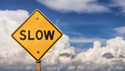 Yellow traffic sign with text SLOW with blue sky and white clouds on backdrop.