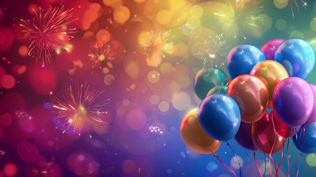 Vibrant Party Background, Discover our eye catching design with balloons, a rainbow backdrop, and fireworks, ideal for creating engaging party flyers, posters, and social media posts