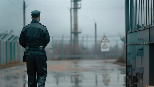 A police officer stands watch in front of a gate, monitoring the area for security purposes, A security officer standing at their post, surveying the area with a watchful gaze