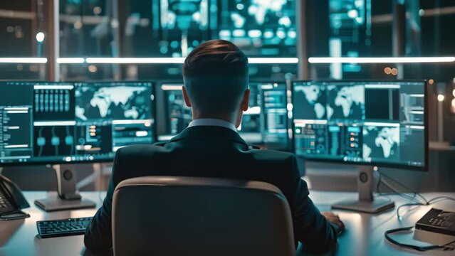 A man is seated at a desk, closely monitoring multiple computer monitors for security operations center analysis, A security operations center analyst monitoring for security incidents