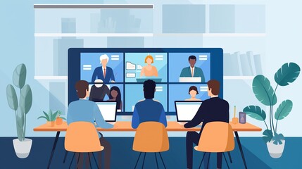 portrait Virtual meeting of colleagues in the office via video call happy business meeting