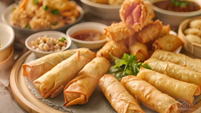 A plate of various traditional Chinese appetizers laid out on a table, A selection of traditional Chinese appetizers, including spring rolls and crab rangoon