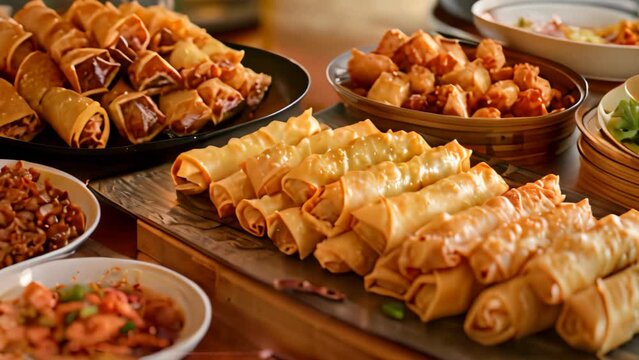 A detailed view of a plate filled with traditional Chinese appetizers on a dining table, A selection of traditional Chinese appetizers, including spring rolls and crab rangoon