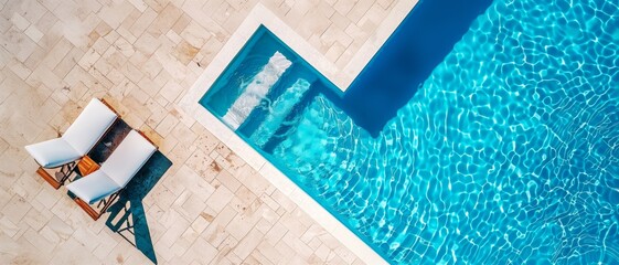 Aerial view of a luxurious swimming pool with two white lounge chairs on a stone deck. Luxury vacation and relaxation concept. Copy space.