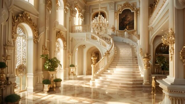 A grand staircase in a palace adorned with a dazzling chandelier, A sense of grandeur and opulence in every detail