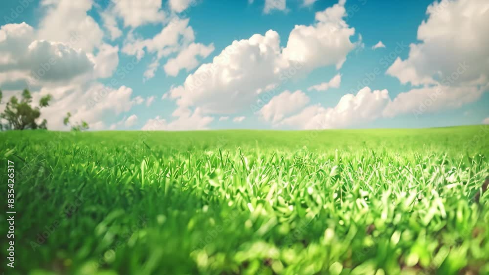 Poster A field of grass stretches under a clear blue sky, A serene and tranquil field of grass under a clear blue sky