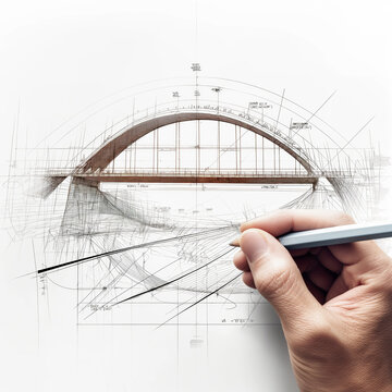 Architectural sketch of bridge building process, featuring engineering and design concepts