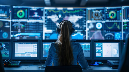 Woman in system control center technical support team member giving instructions via headset various monitors showing technical information
