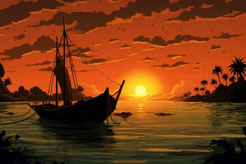Naklejka premium an old boat in the ocean at sunset 