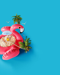 Summer vacation concept. Pink flamingo with palm trees and accessories on blue background with copy space. 3D Rendering, 3D Illustration © hd3dsh