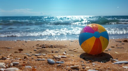 Obraz premium Colorful Beach Ball On Sandy Seashore With Ocean Waves, Bright Sunlight, Seashells, And Blue Sky Creating A Fun Summer Atmosphere
