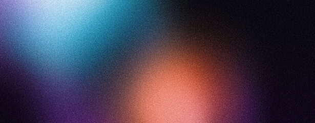 Grainy gradient background, blue orange purple abstract glowing color shape, black backdrop noisy texture dark banner poster header design