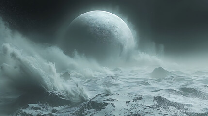 detailed view of the icy plumes erupting from Triton within the Solar System Neptune's largest moon against the backdrop of Neptune itself