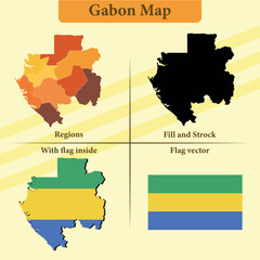 Gabon vector map states and lines and full with flag