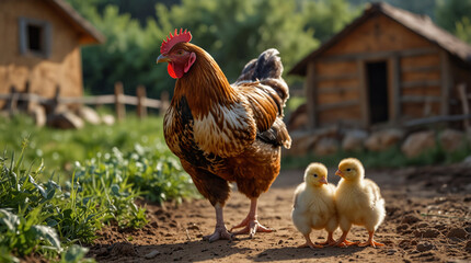 Fototapeta premium A hen and chicks in a yard