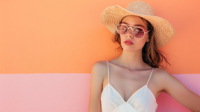 woman wearing a straw hat and sunglasses, posing against a pastel orance background banner with copy space