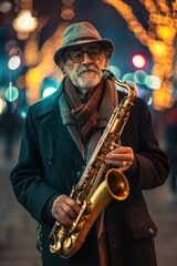 Obraz premium Street Musician Playing Saxophone from Above, Celebrate the diversity of Music : La Fête de la Musique.