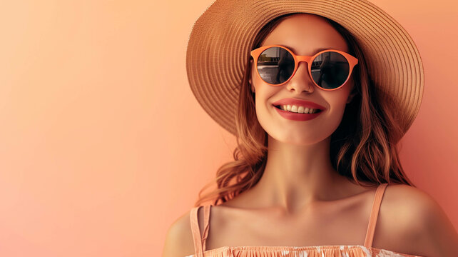 woman wearing a straw hat and sunglasses, posing against a pastel orance background banner with copy space
