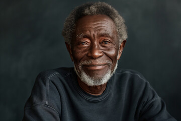 Obraz premium Portrait of a smiling black man against blank dark grey background with copy space for advertisement