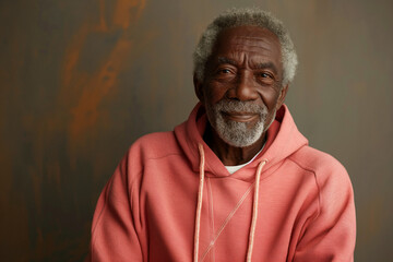 Portrait of a smiling senior man in a pink hoodie against blank rusty metal background background