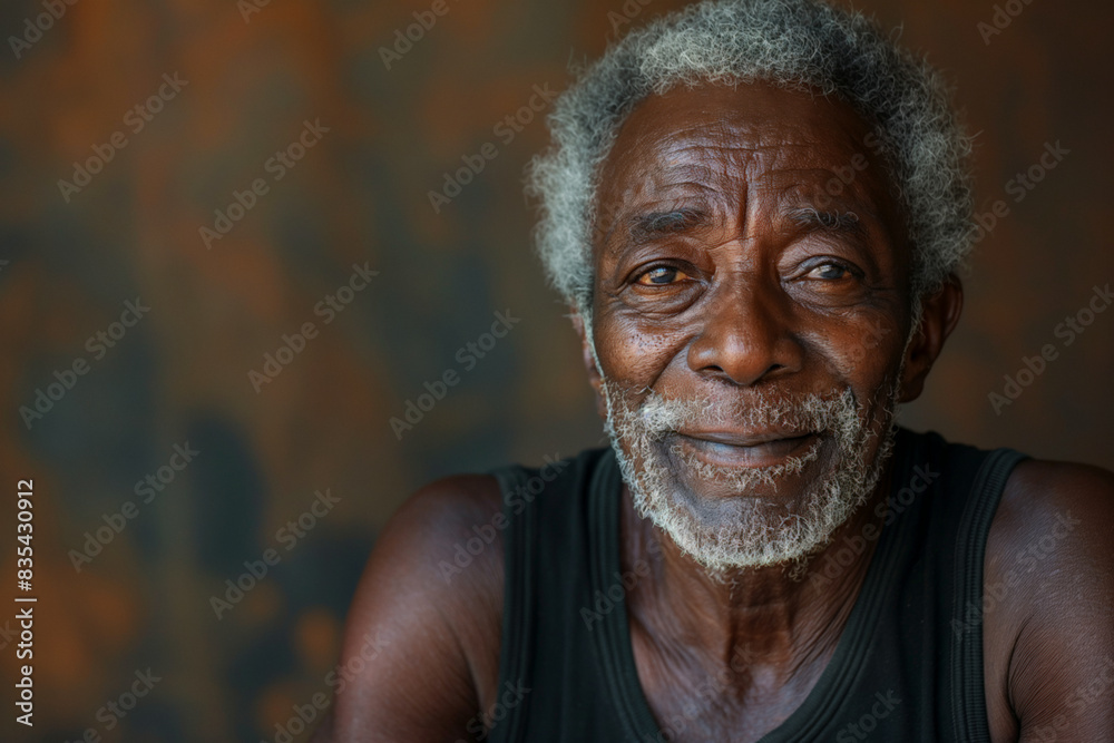 Wall mural portrait of an elderly black man against blank textured rusted metal background with copy space