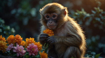 Fototapeta premium A monkey is holding a flower