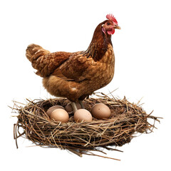 A close-up of a hen laying eggs in a straw nest, isolated with a transparent background