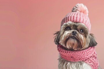adorable shih tzu dog in warm winter clothing sitting happily on pastel background 3d render