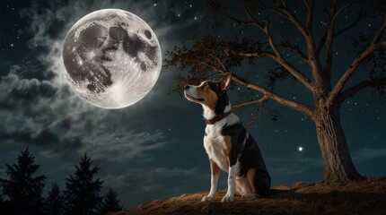 A dog is looking up at the moon in the sky and calling