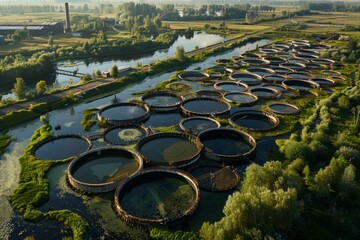 Obraz premium This image captures numerous round fish tanks situated in a lush green landscape with a serene river flowing by.
