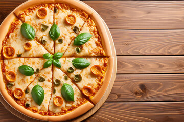 pizza with meat, sausage, cheese and herbs on a wooden table