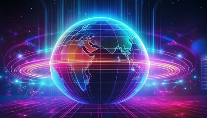 Obraz premium Metaverse digital world cyber space background, neon colorful global world in cyber space, future energy power technology and internet connection