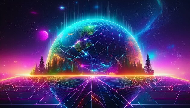 Metaverse digital world cyber space background, neon colorful global world in cyber space, future energy power technology and internet connection