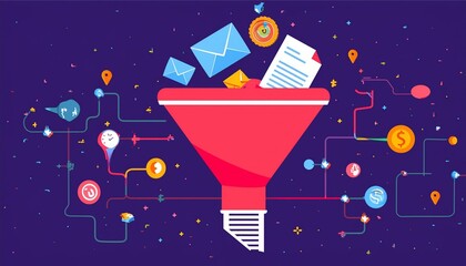 Minimalist illustration of a sales funnel with direct marketing tools like emails and flyers at the top