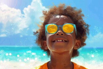 afro american child having fun on sunny beach during summer vacation digital painting