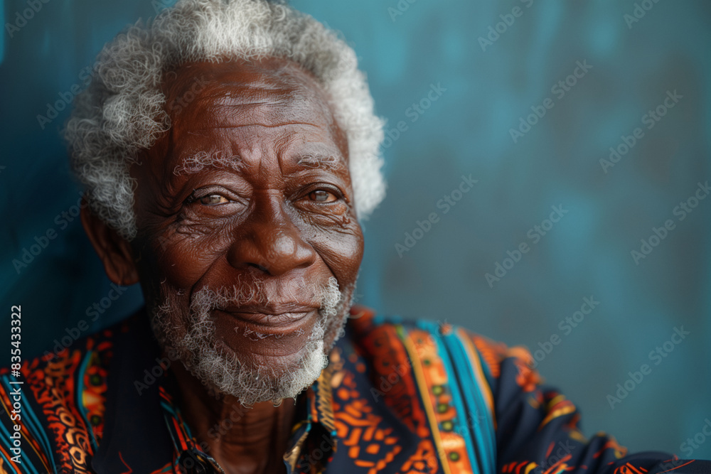 Wall mural portrait of an elderly black man against blank textured blue background with copy space for ads