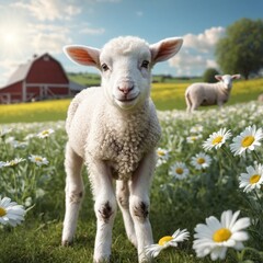 Fototapeta premium White sheep on green grass floral meadow