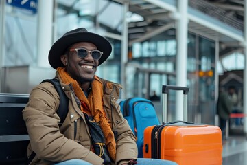 ai generated photo of happy traveler waiting for plane at airport smiling person with luggage