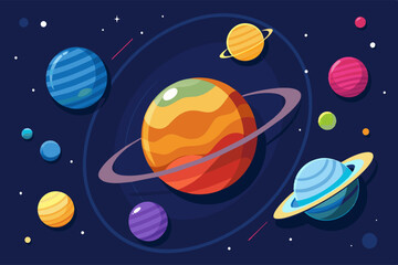 Vibrant illustration of multiple planets with colorful patterns in a dark space background.
