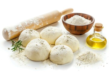 Fototapeta premium Balls of pizza dough with ingredients on white background