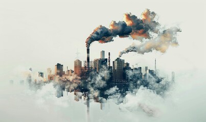 Industrial cityscape with buildings and factories emitting smoke into the atmosphere