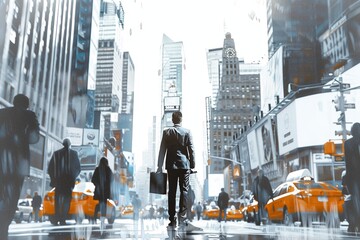 Obraz premium On a white background a businessman starts his day in the busy city