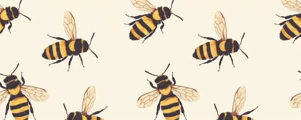 Seamless pattern with detailed illustrations of bees on a white backdrop, ideal for fabric or wallpaper designs.