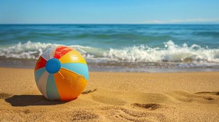 Obraz premium Colorful Inflatable Beach Ball Resting On Warm Golden Sand By Ocean Waves Under Bright Sun, Symbolizing Summer Fun And Coastal Relaxation