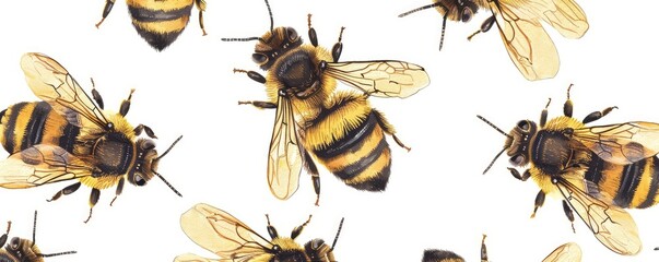Seamless pattern with detailed illustrations of bees on a white backdrop, ideal for fabric or wallpaper designs.