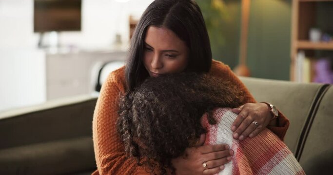 Crying, sad and child with mother for comfort from bullying trauma, anxiety or mental health crisis in home living room. Unhappy kid, tears and mom support girl with stress, conflict or depression