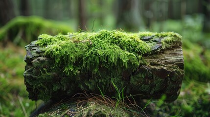 Overgrown moss covered aged wooden log in natural setting - Powered by Adobe
