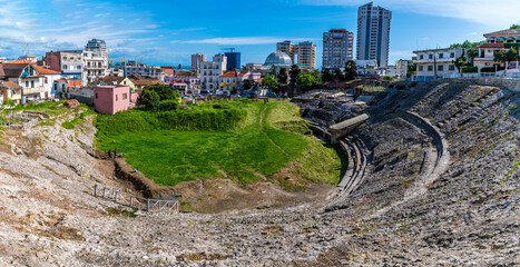 A panorama view across the Roman amphitheatre in Durres, Albania in summertime