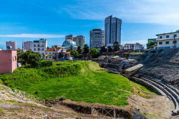 Fototapeta premium A panorama view from a corner of the Roman amphitheatre in Durres, Albania in summertime